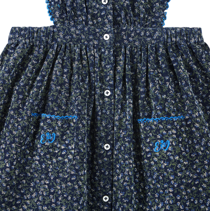 Robe tablier velours bleu motifs floraux