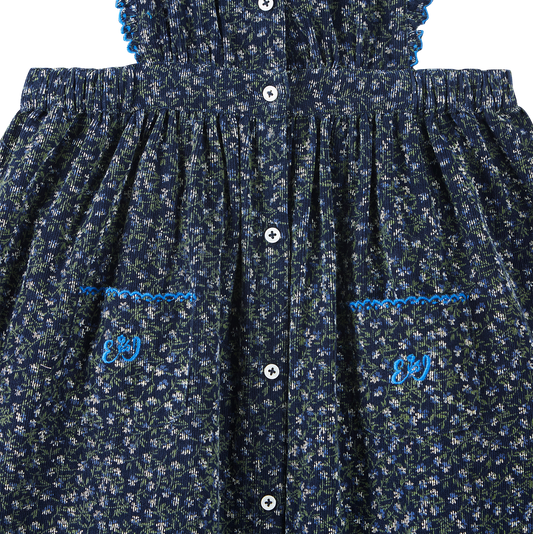 Robe tablier velours bleu motifs floraux