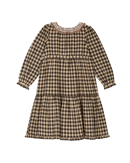 Robe col brodé vichy café
