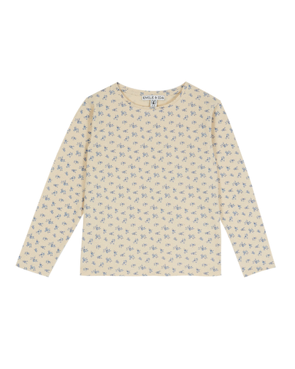 Tee-shirt jersey bio écru fleur bleue