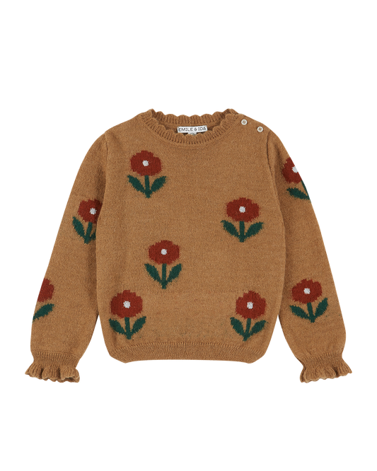 Pull fleurs laine d'alpaga beige
