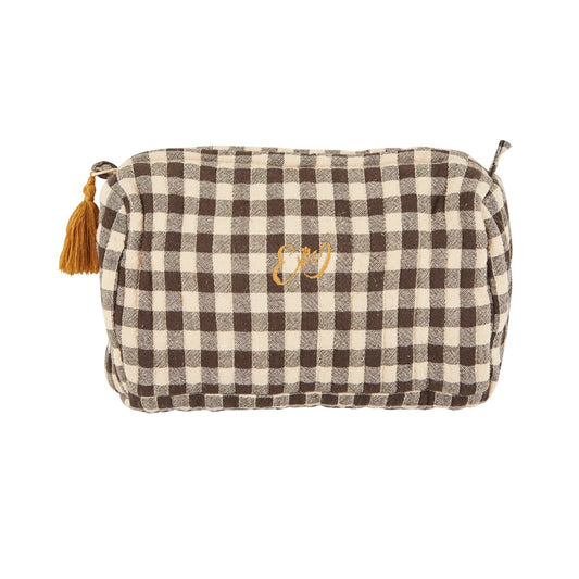 Trousse de toilette toile de coton matelassée vichy café