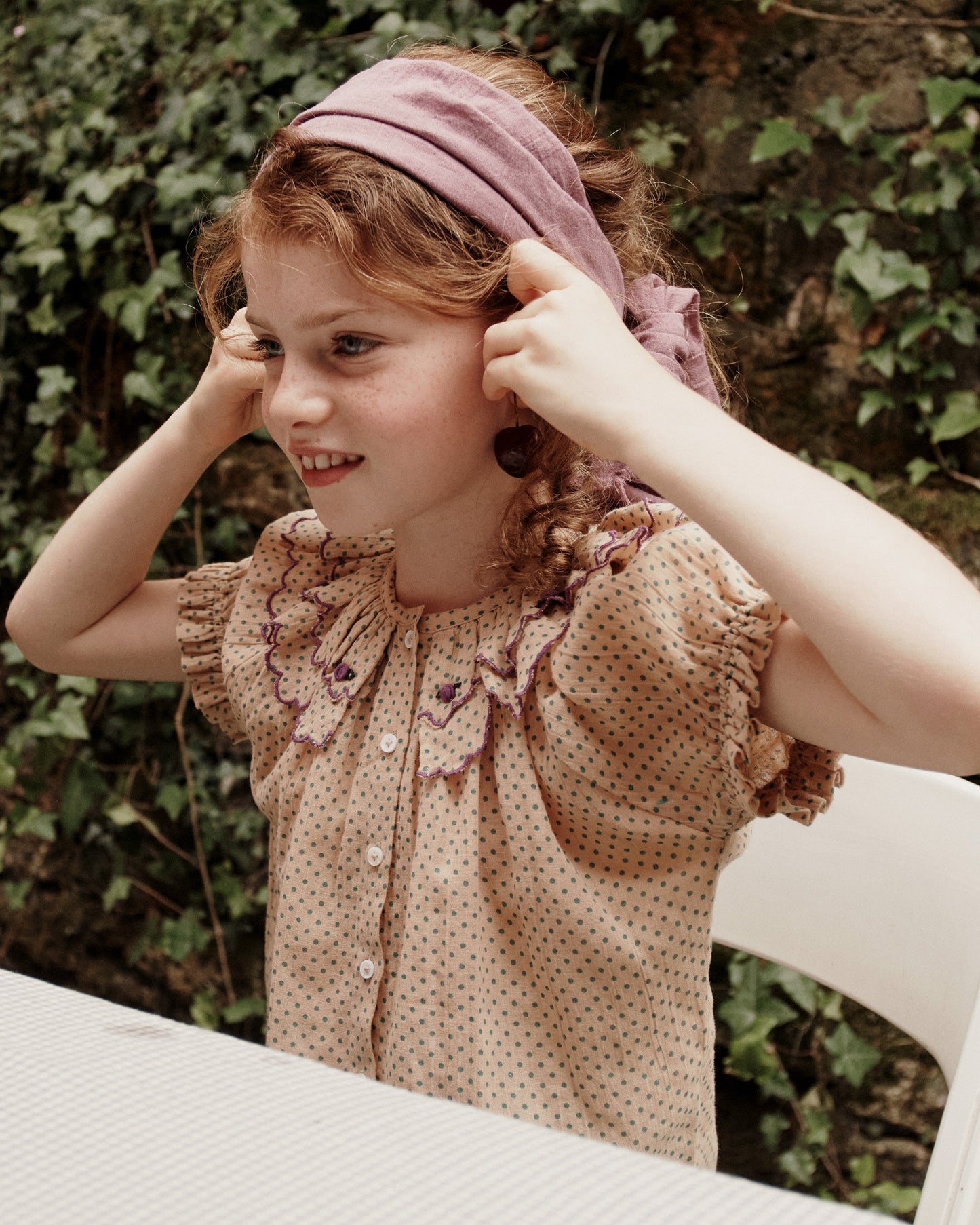 Blouse beige pois vert