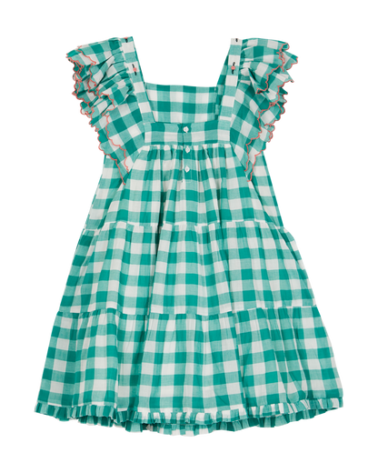 Robe à étages en coton vichy vert et blanc