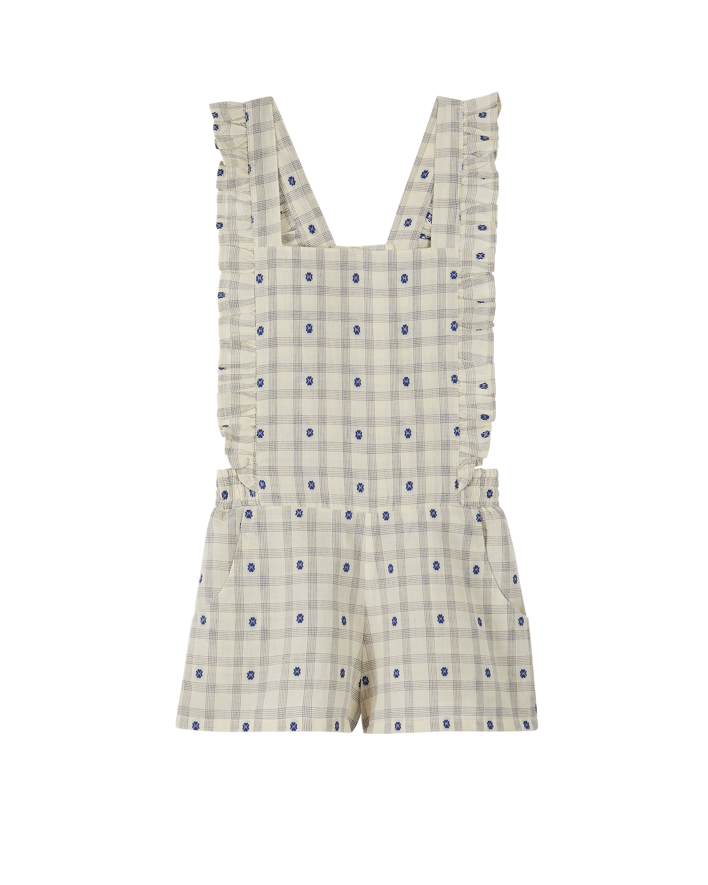 Salopette coton carreaux fleurs bleu