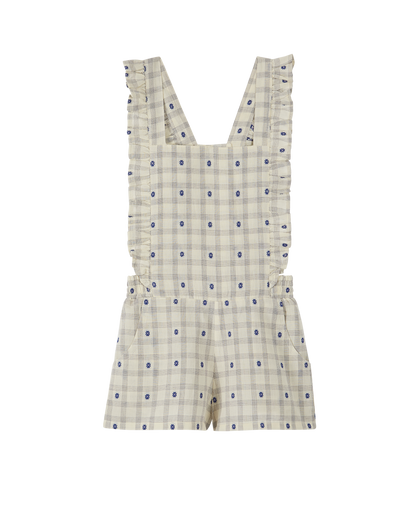Salopette coton carreaux fleurs bleu