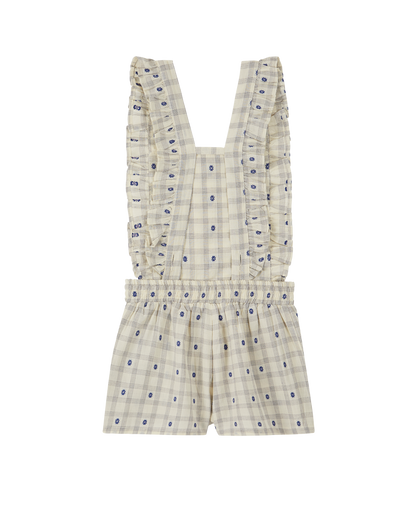 Salopette coton carreaux fleurs bleu