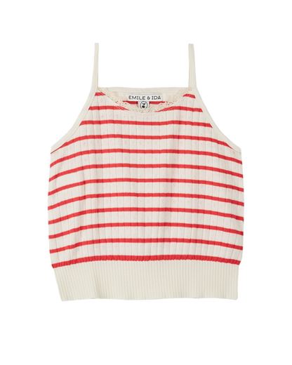 Top rayé coton modal ajouré rouge et écru