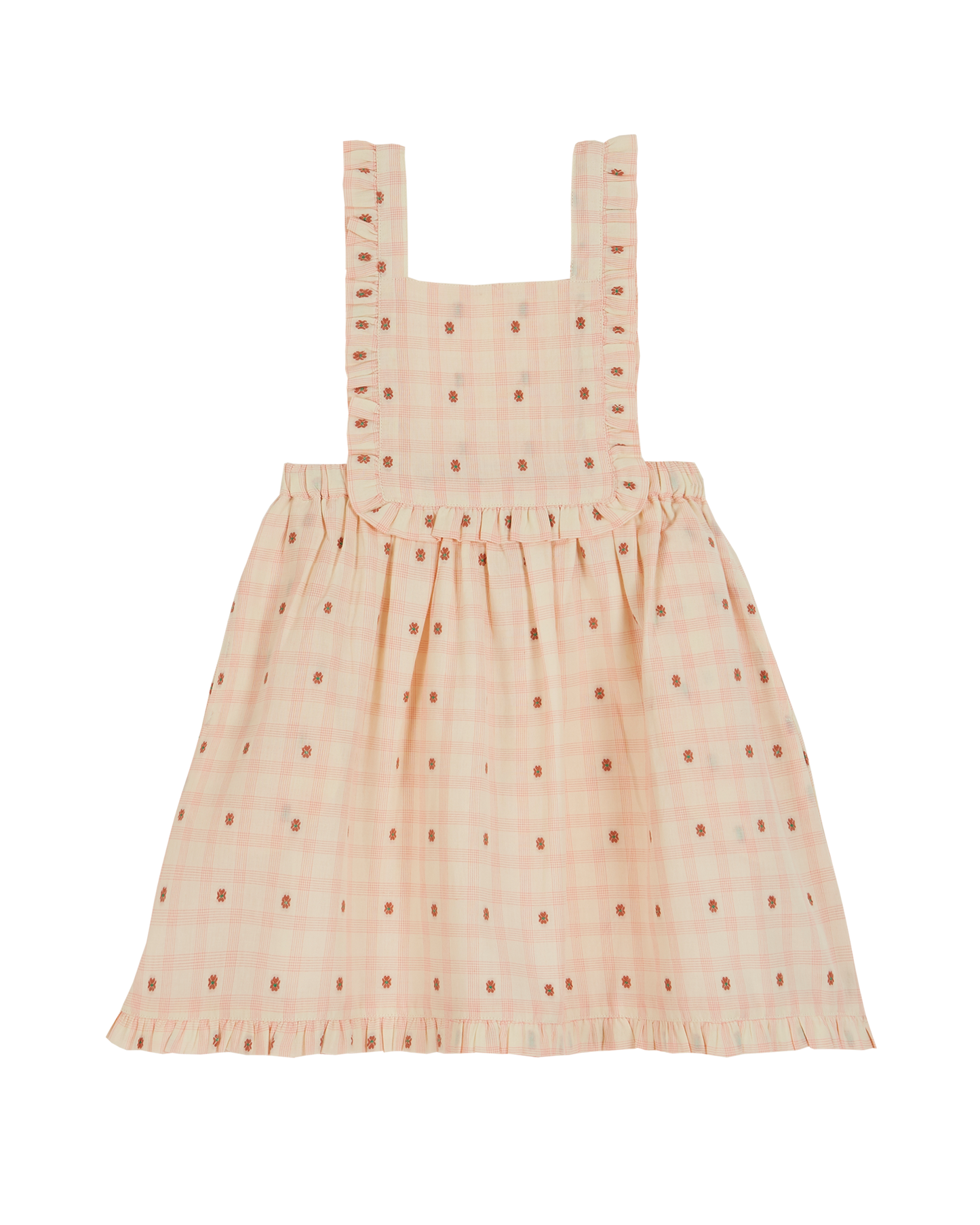 Robe salopette coton carreaux fleurs rose