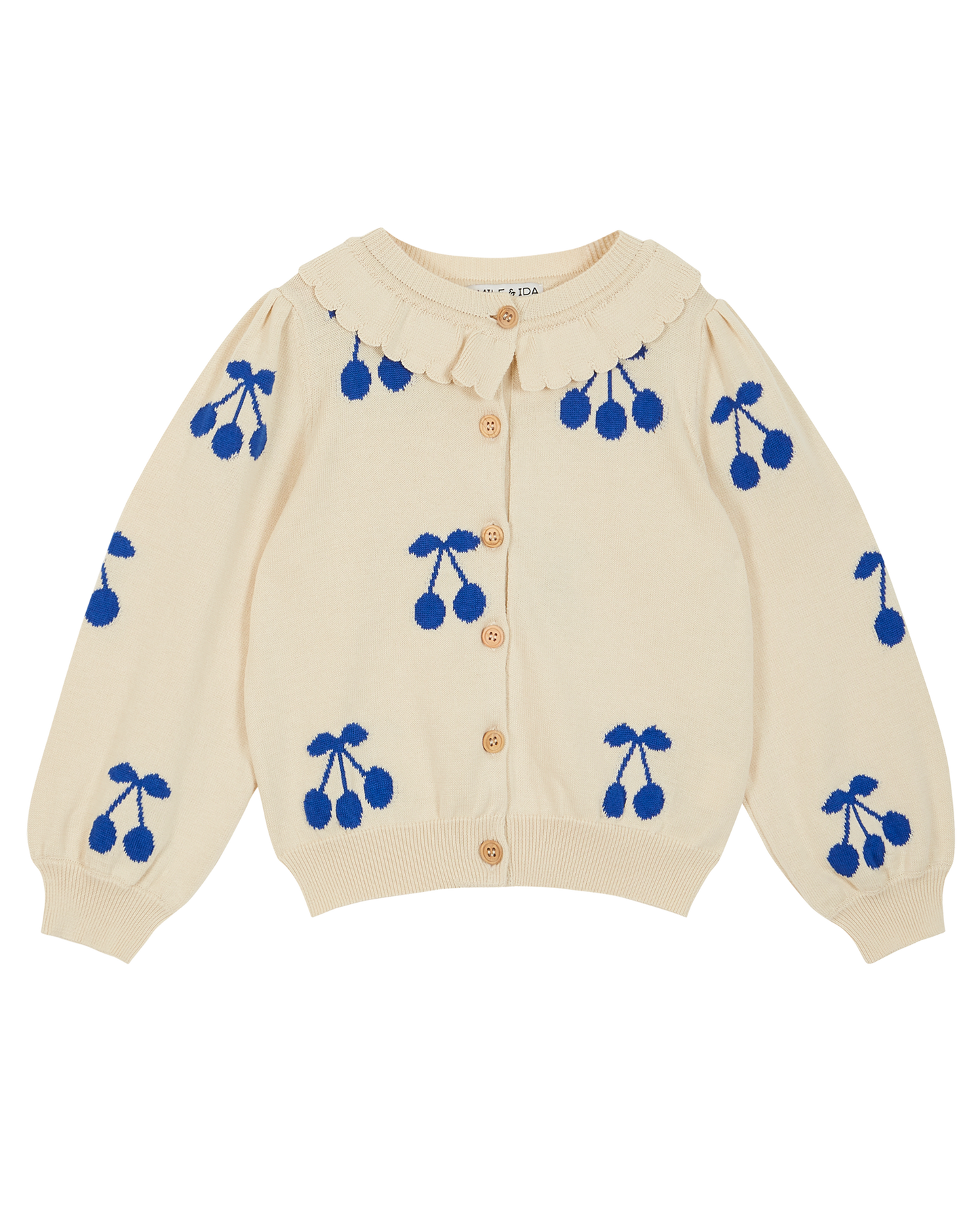 Cardigan cerise coton bio écru et bleu