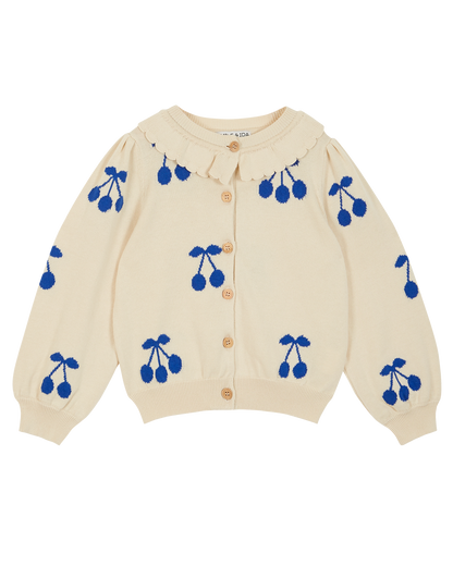 Cardigan cerise coton bio écru et bleu
