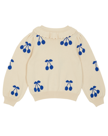 Cardigan cerise coton bio écru et bleu