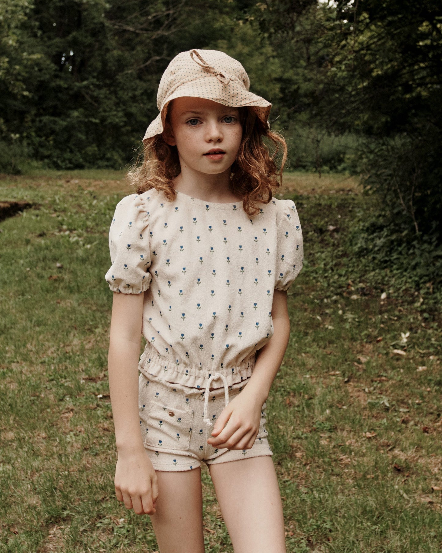 Chapeau coton beige pois vert