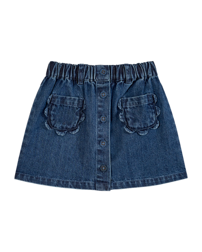 Jupe poches fleurs denim bleu