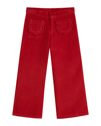 Pantalon poches fleurs velours rouge