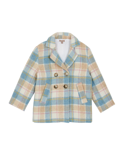 Manteau laine carreaux bleu et beige