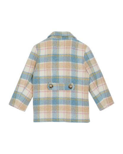 Manteau laine carreaux bleu et beige