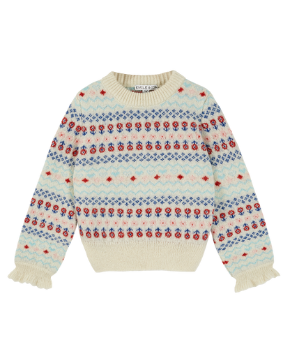 Pull fille jacquard écru et multicolore