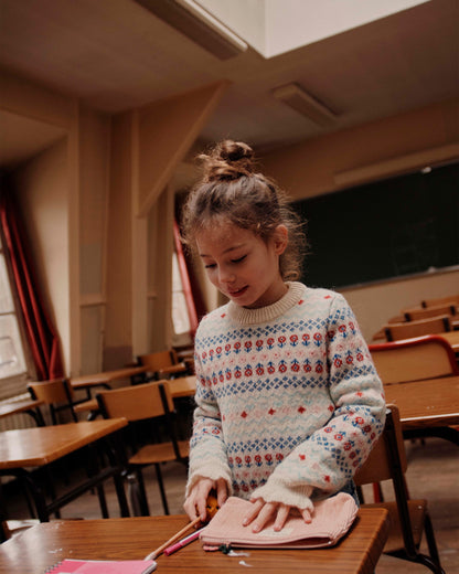 Pull fille jacquard écru et multicolore
