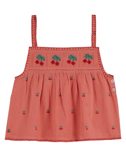 Top bretelles broderie cerise grenadine