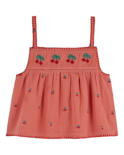 Top bretelles broderie cerise grenadine