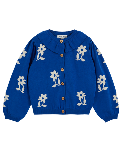 Cardigan fleurs coton bio fille saphir
