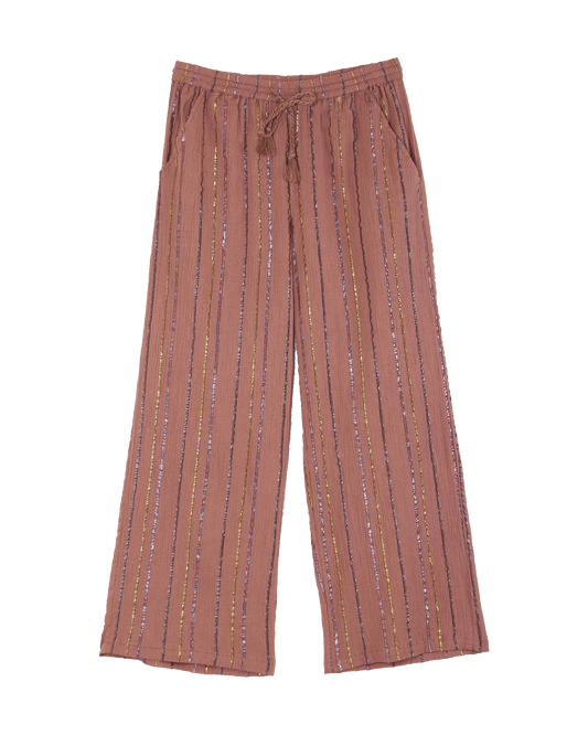 Pantalon crépon rayé sienne