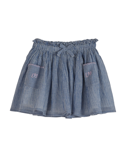 Jupe courte crépon de coton vichy bleu