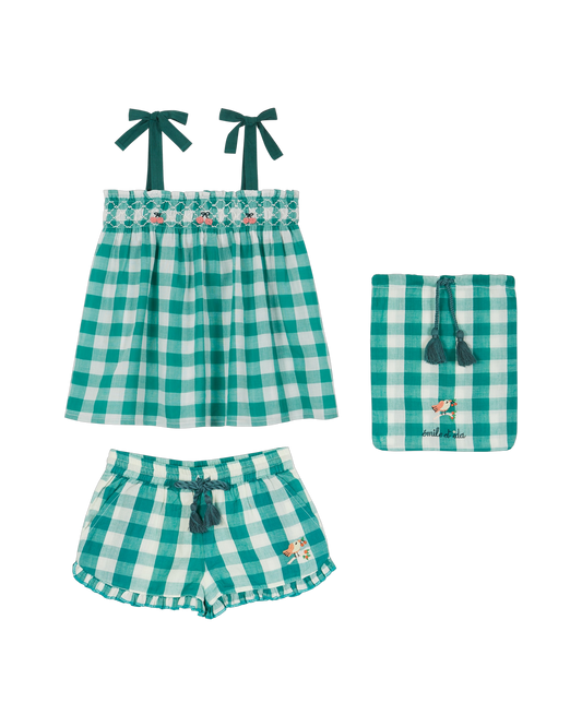 Top à bretelles et short coton vert et blanc