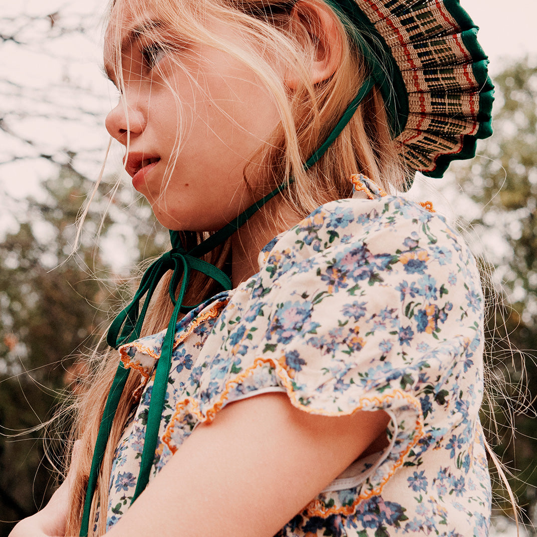 Blouse imprimée voile de coton écru et bleu