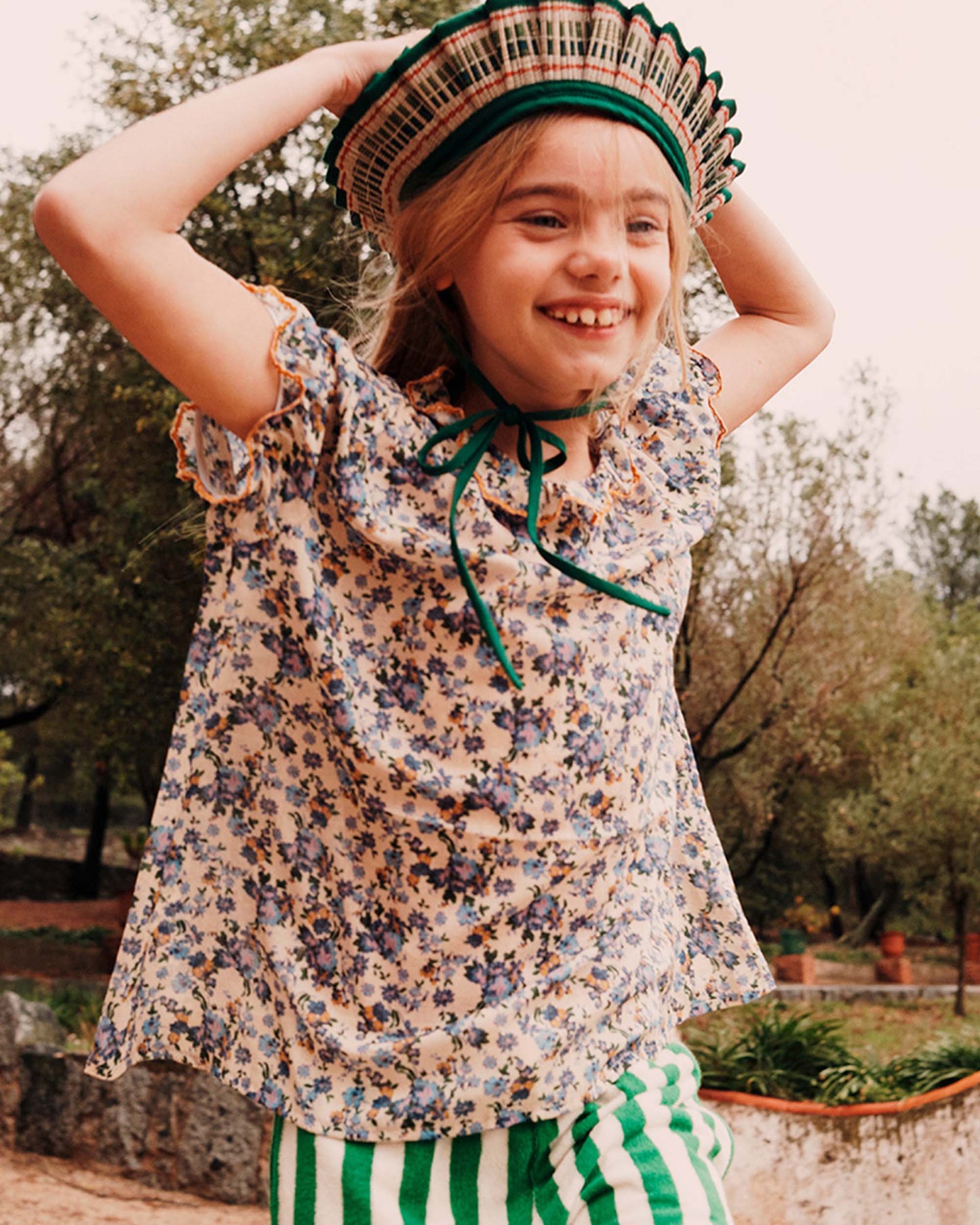 Blouse imprimée voile de coton écru et bleu