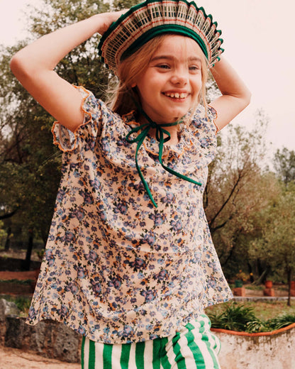 Blouse imprimée voile de coton écru et bleu