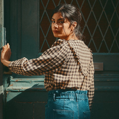 Blouse volantée coton vichy café