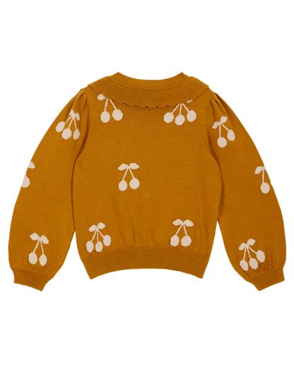 Cardigan cerise fille coton bio caramel et écru