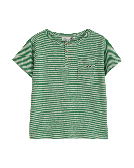 T-shirt col tunisien coton bio et lin rayé vert