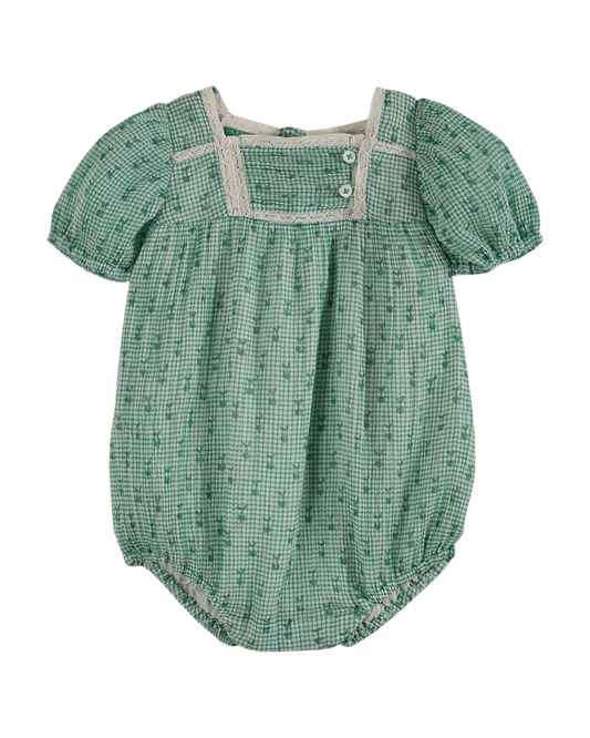 Barboteuse voile de coton créponné vichy vert