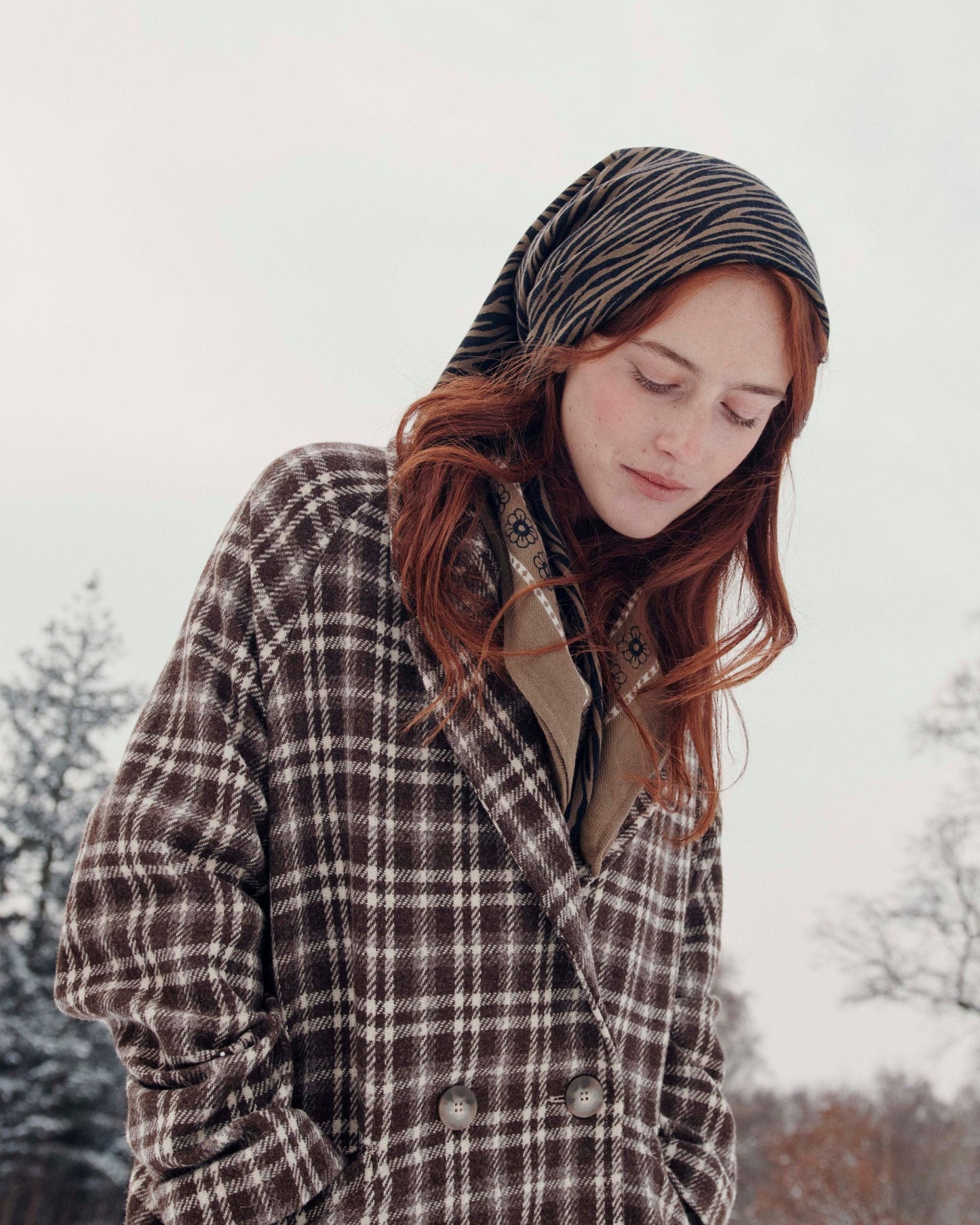 Manteau carreaux laine écru et chocolat