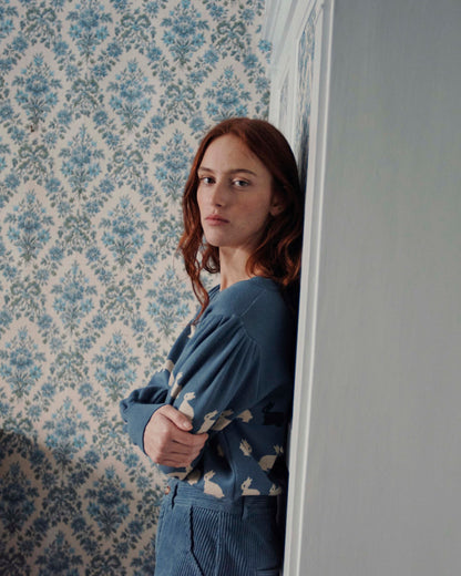 Pull jacquard lapin coton bio bleu
