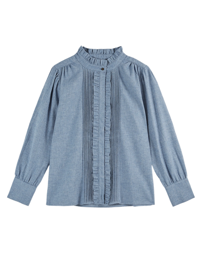 Blouse à volants chiné bleu