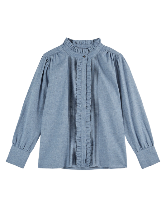 Blouse à volants chiné bleu