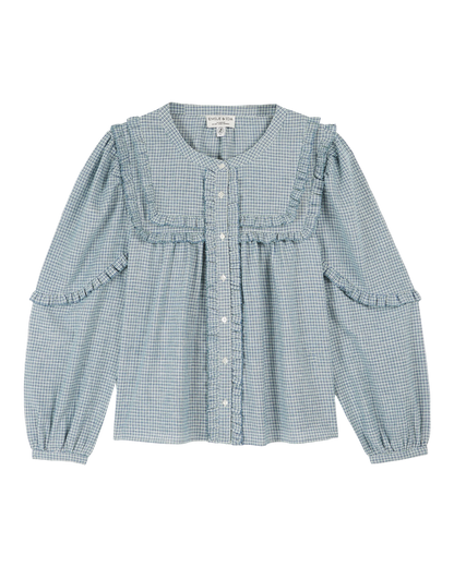 Blouse khadi écossais écru et bleu