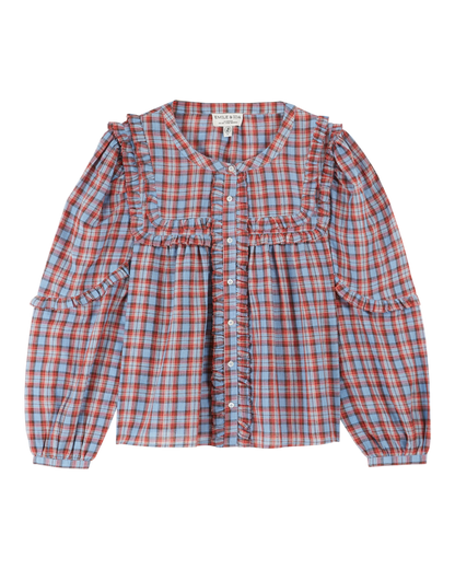 Blouse khadi écossais rouge et bleu