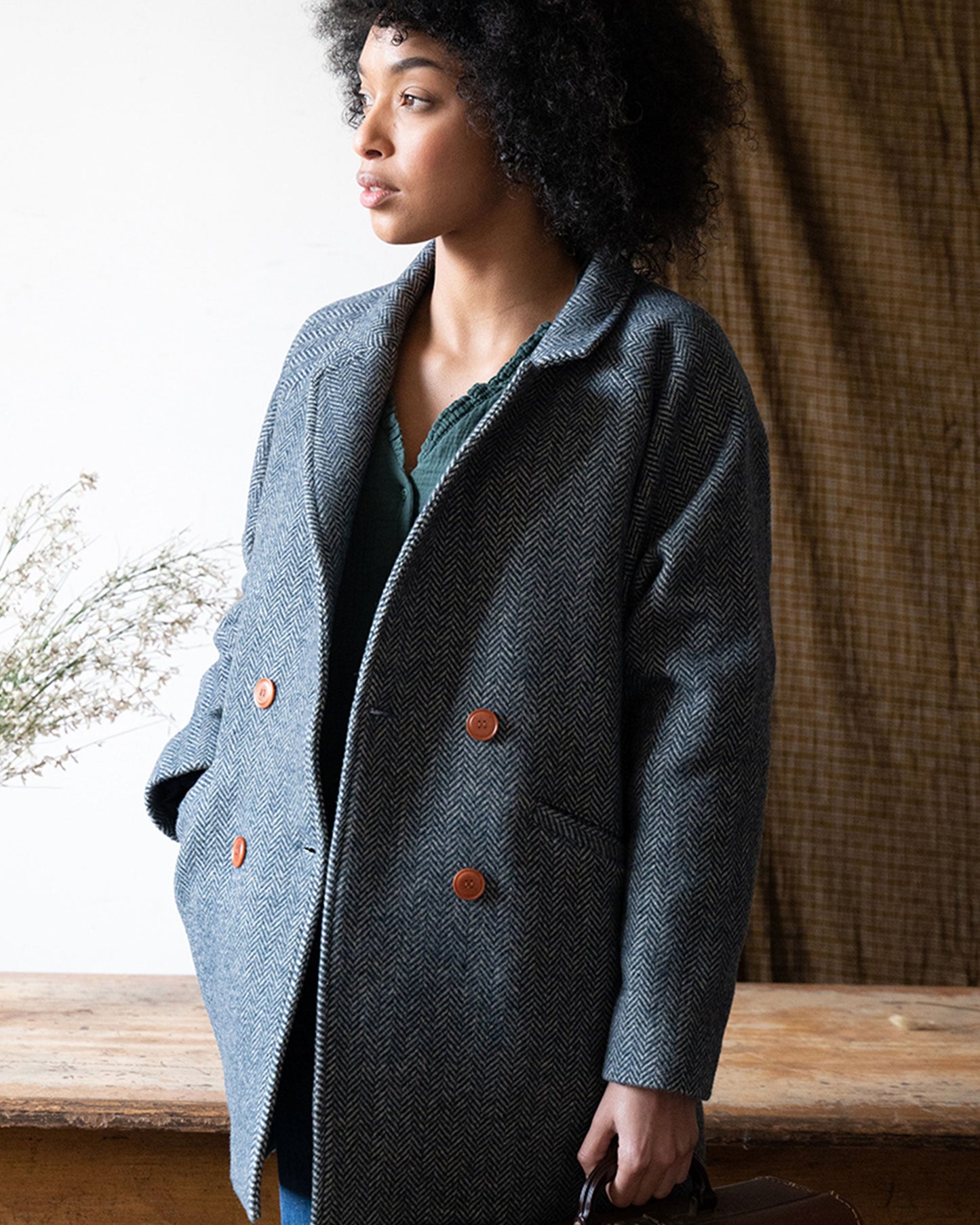 Manteau en laine à chevrons marine