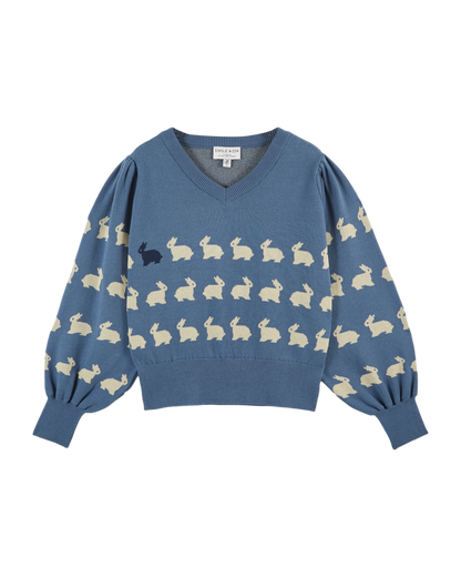 Pull jacquard lapin coton bio bleu