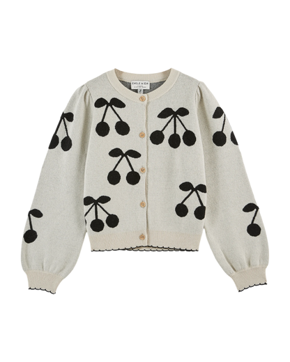 Cardigan jacquard écru à cerises noires