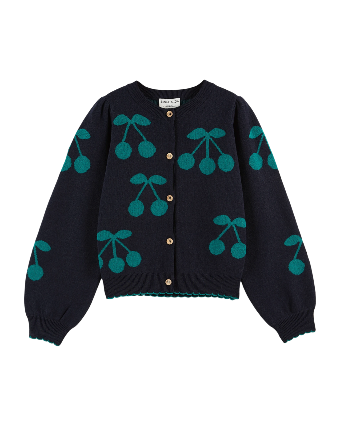 Cardigan jacquard bleu à cerises vertes