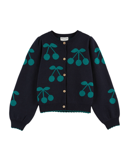 Cardigan jacquard bleu à cerises vertes