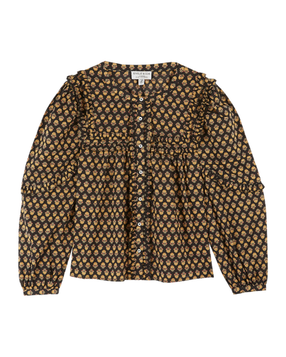 Blouse volantée noire à fleurs