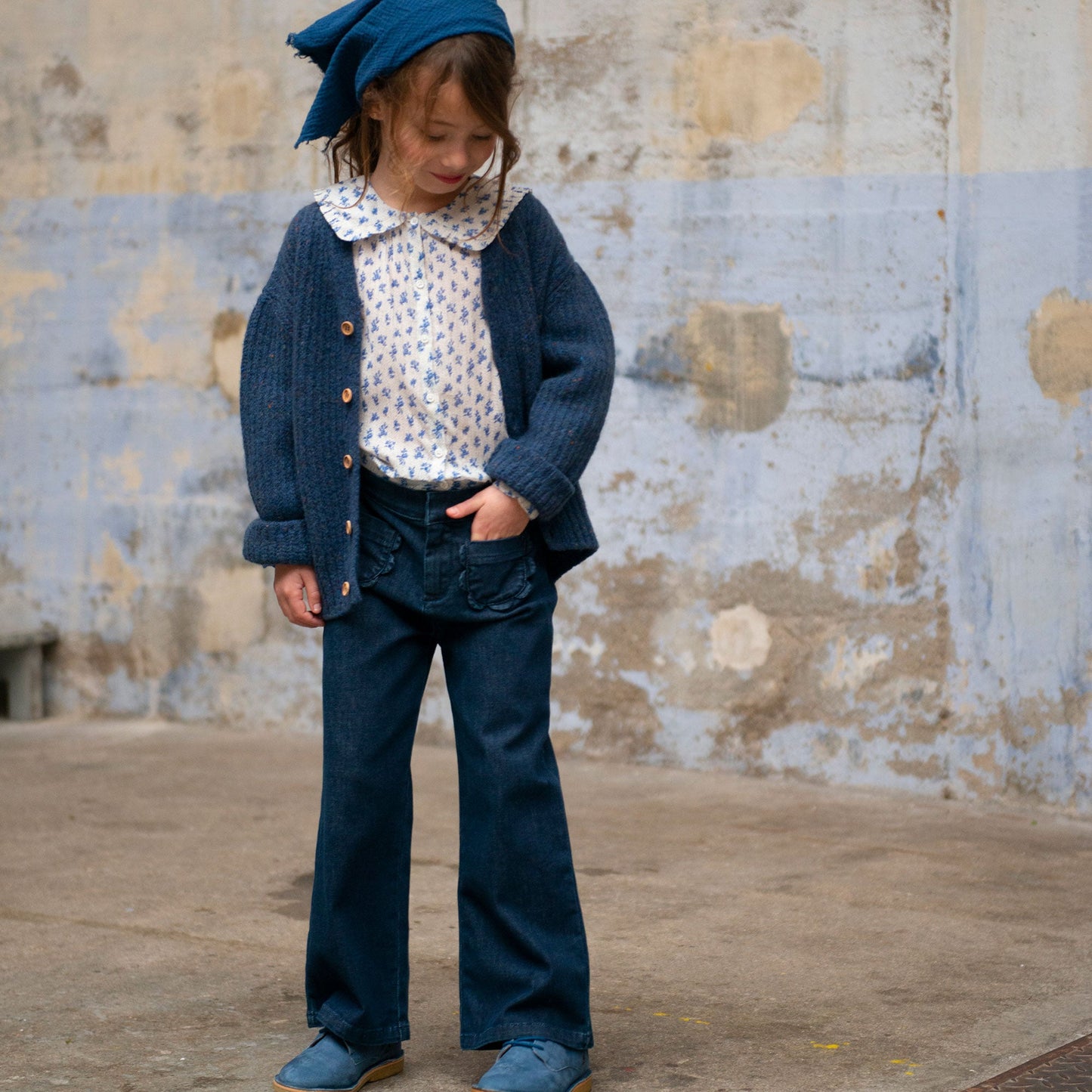Pantalon denim poches fleurs