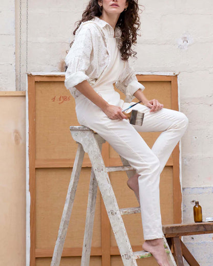 Salopette denim dos croisé écru